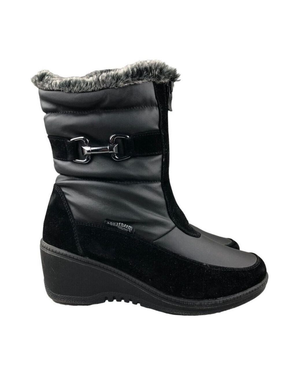 Aquatherm by Santana Canada Wynter Wedge Black Waterproof Faux Fur Boots, SZ 10